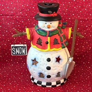 Vintage Christmas Snowman w/ Shovel and sign Tealight Candle Holder 8"x5” Frosty